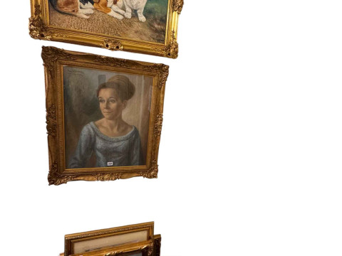 DM & EM Alderson pair Bassets, 1960's female portrait and other pictures.
