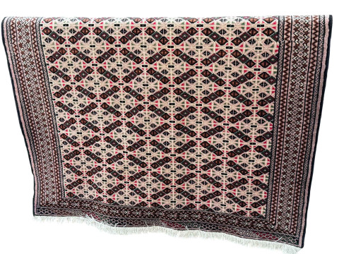 Beige ground hand knotted Persian Turkaman carpet 168cm by 130cm.