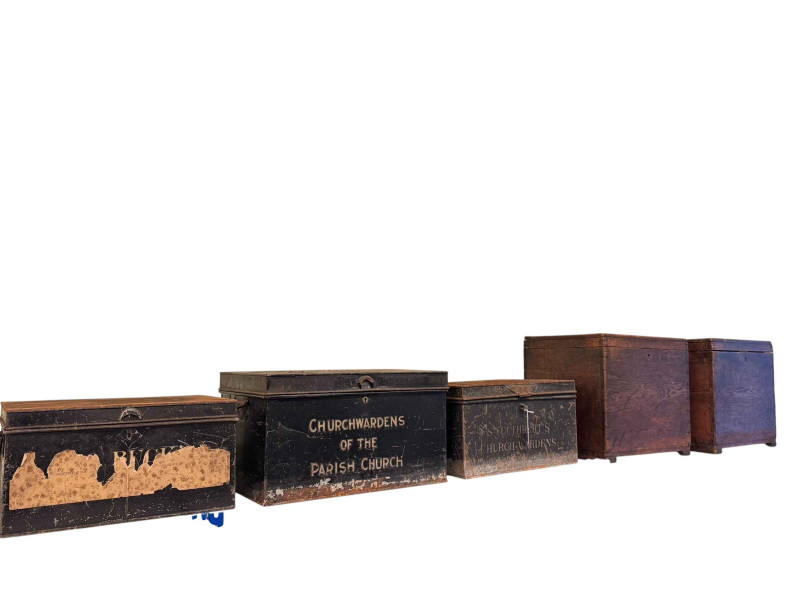 Two oak strongboxes and three metal deed boxes.