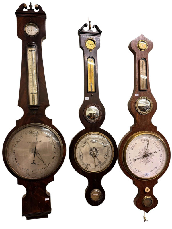 Five 19th Century banjo barometers in mahogany, oak and rosewood.
