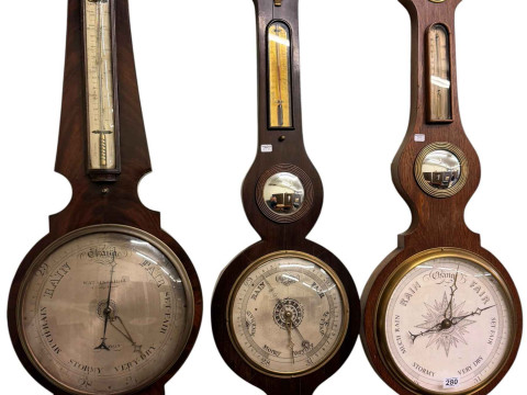 Five 19th Century banjo barometers in mahogany, oak and rosewood.