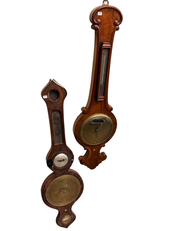 Five 19th Century banjo barometers in mahogany, oak and rosewood.