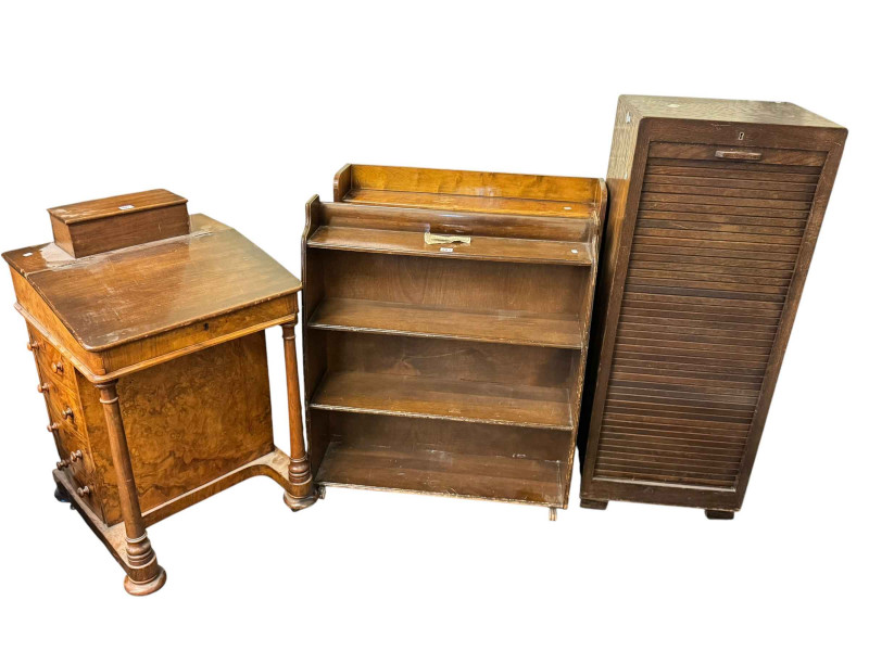 Oak tambour front cabinet, walnut Davenport and two sets of bookshelves.