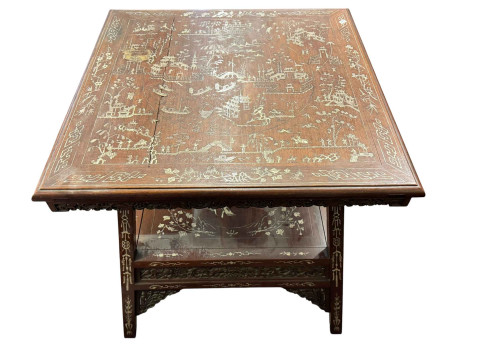 Chinese hardwood and bone inlaid occasional table and walnut wine table.