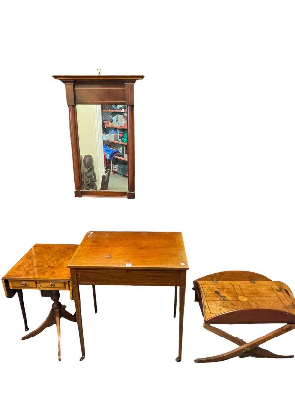 Edwardian inlaid cutlery table, mahogany butlers tray and stand, pier mirror and walnut pedestal drop leaf side table.
