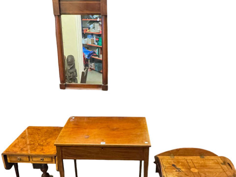 Edwardian inlaid cutlery table, mahogany butlers tray and stand, pier...