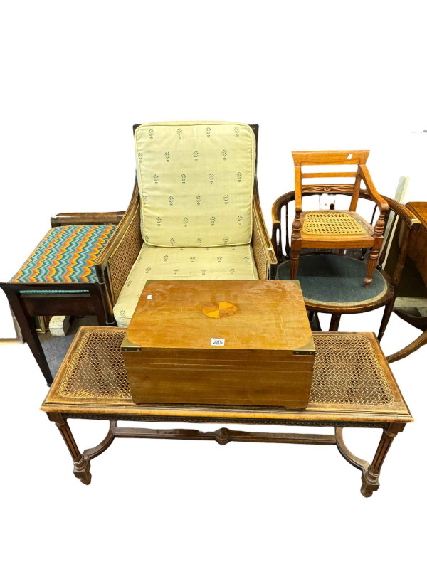 Bergere armchair and double stool, inlaid chair, child's chair, piano stool and inlaid sewing box.