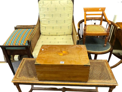 Bergere armchair and double stool, inlaid chair, child's chair, piano...