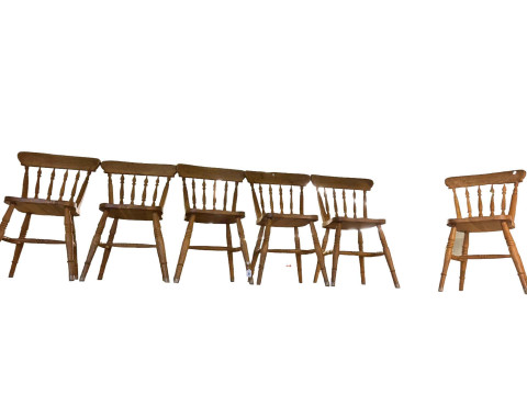 Set of six pine farmhouse kitchen chairs.