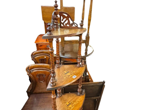 Victorian walnut whatnot, pair of hall chairs, nest of tables, oak coffee...