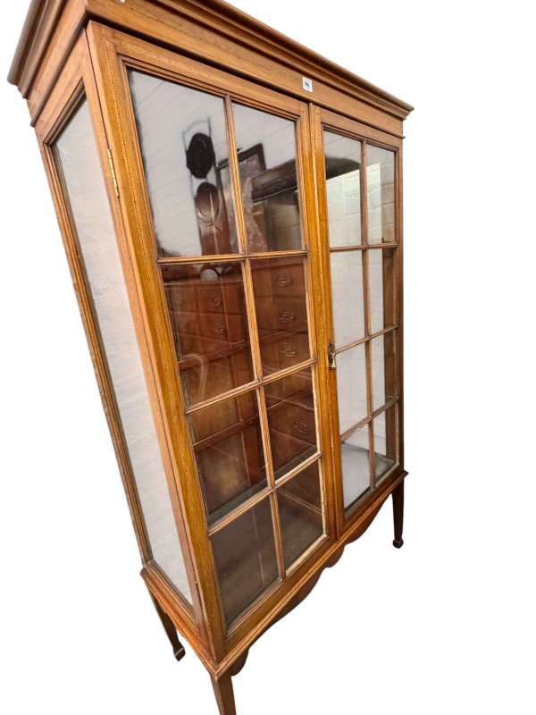 Victorian mahogany rectangular breakfast table on four paw feet, 19th Century mahogany fold over top card table, four balloon backed chairs and Edwardian display cabinet.