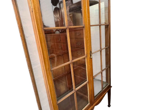 Victorian mahogany rectangular breakfast table on four paw feet, 19th Century mahogany fold over top card table, four balloon backed chairs and Edwardian display cabinet. thumbnail