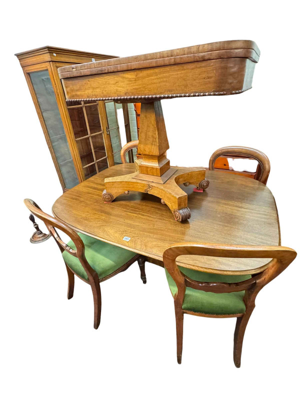 Victorian mahogany rectangular breakfast table on four paw feet, 19th Century mahogany fold over top card table, four balloon backed chairs and Edwardian display cabinet.