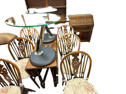 Old Charm style oak dresser, drop leaf table, six wheel back chairs and...