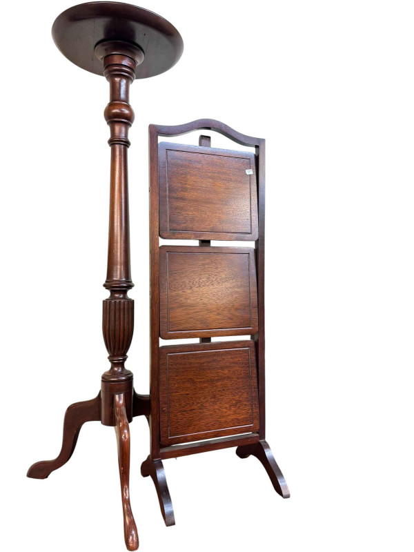 Mahogany cocktail cabinet, three tier cakestand, torchere and Edwardian tub chair.