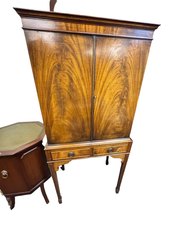 Mahogany cocktail cabinet, three tier cakestand, torchere and Edwardian tub chair.