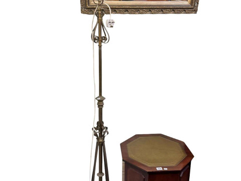 Victorian brass standing oil lamp converted to electric, mahogany leather...
