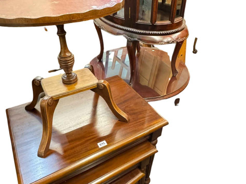 Mahogany display table, circular coffee table, nest of tables and a wine...