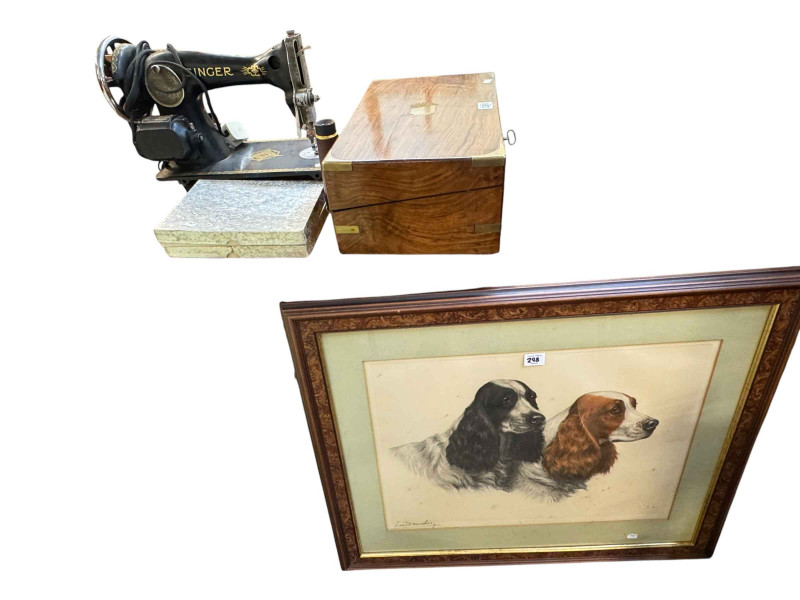 Mahogany oval occasional table, Victorian rosewood and brass inlaid writing box, Singer sewing machine, horn handled knives and forks, small telescope and dog print.