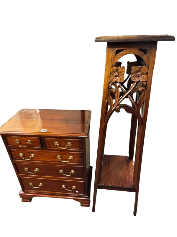 Mahogany finish chest, plant stand, side table, two torcheres and magazine rack.