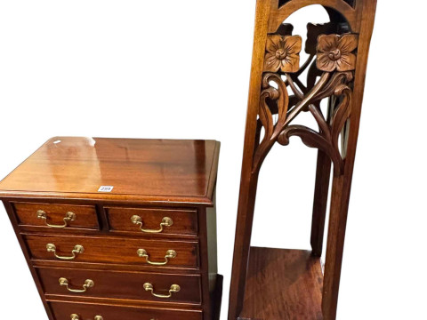 Mahogany finish chest, plant stand, side table, two torcheres and magazine...