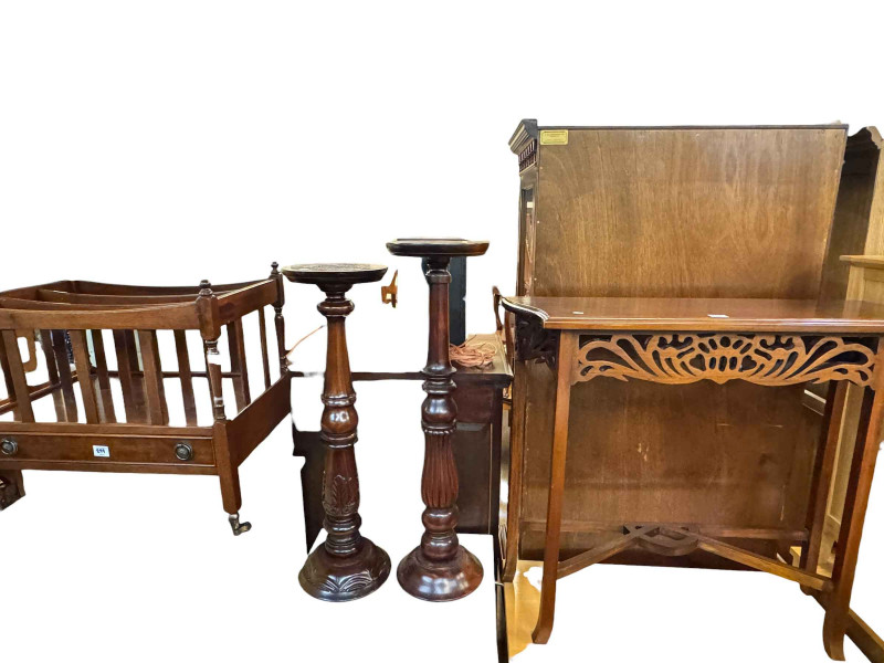 Mahogany finish chest, plant stand, side table, two torcheres and magazine rack.