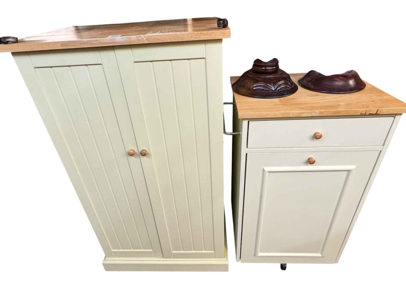 Oak finished two door cabinet, beech finish glazed door and side cabinets, kitchen storage and bin cabinets.