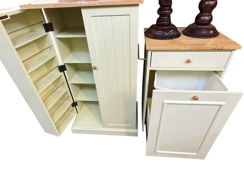 Oak finished two door cabinet, beech finish glazed door and side cabinets, kitchen storage and bin cabinets. thumbnail