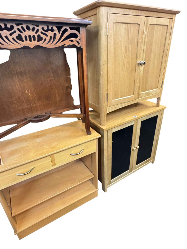 Oak finished two door cabinet, beech finish glazed door and side cabinets, kitchen storage and bin cabinets.