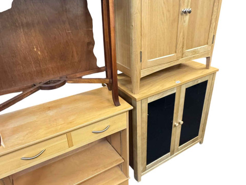 Oak finished two door cabinet, beech finish glazed door and side cabinets, kitchen storage and bin cabinets. thumbnail