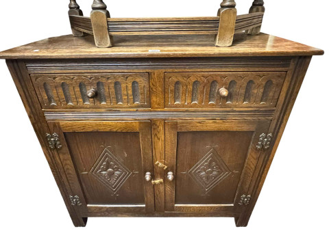 Carved oak buffet sideboard and small two door oak sideboard. thumbnail