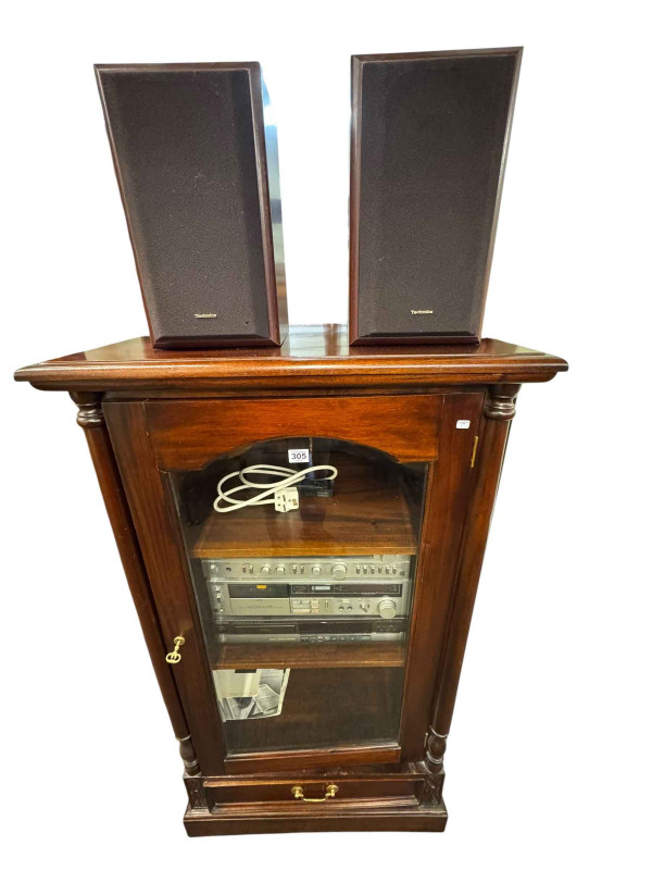 Mahogany glazed door hifi unit containing Technics FM Tuner, Cassette and CD Player and pair of speakers.