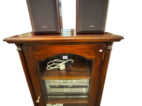 Mahogany glazed door hifi unit containing Technics FM Tuner, Cassette...
