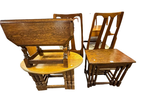 Oak rectangular drop leaf coffee table and oval and rectangular nests...