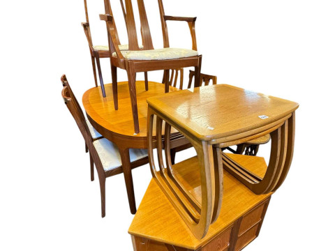 Mid Century teak oval extending dining table with six Nathan rosewood...