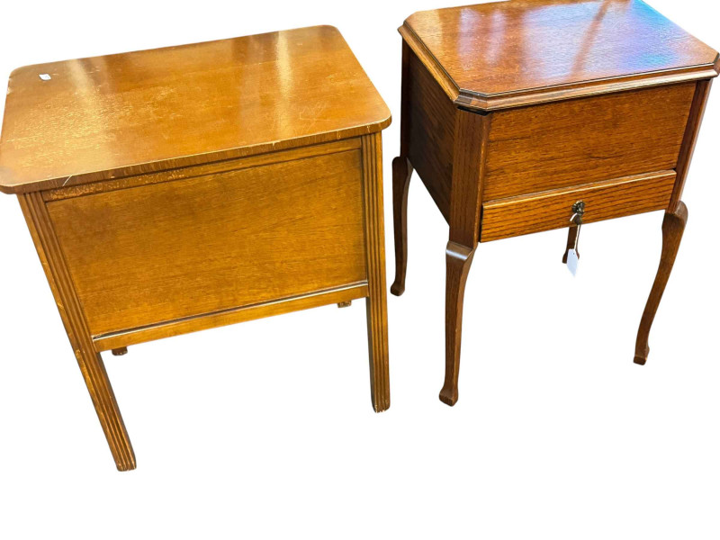 Two oak sewing tables and contents.