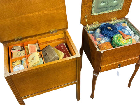 Two oak sewing tables and contents. thumbnail