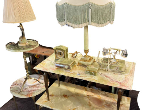 Two rectangular onyx coffee tables, two circular wine tables, two table...