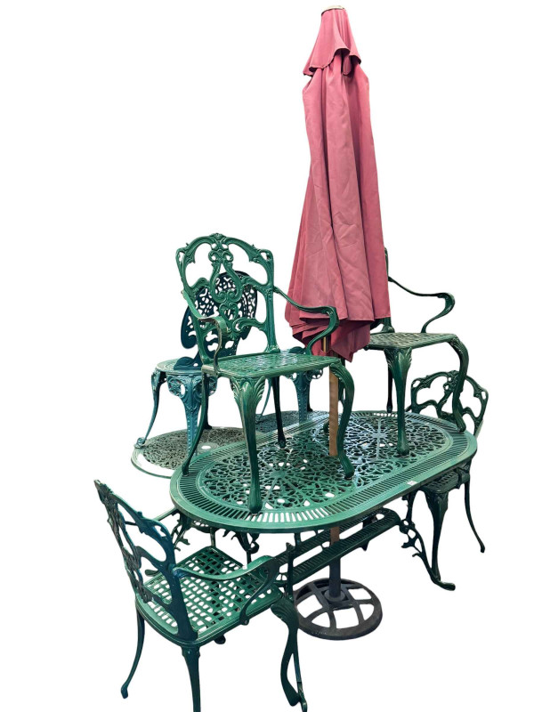 Cast aluminium garden table and four chairs, two smaller circular garden tables, pair of chairs and garden parasol.