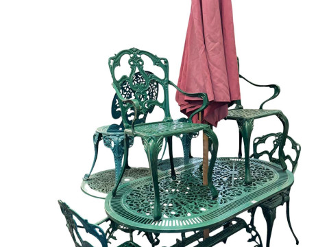 Cast aluminium garden table and four chairs, two smaller circular garden...