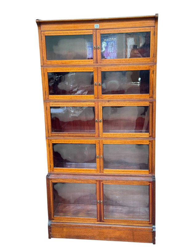 Inlaid mahogany five height stacking bookcase, 88cm wide, 176cm high.