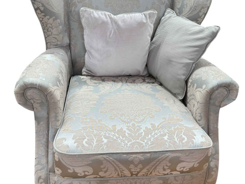 Two Knoll style settees and easy chair in brocade upholstery with cushions. thumbnail