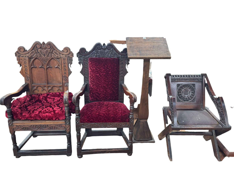 Two Victorian oak 'throne' chairs, church chair and lectern (4).