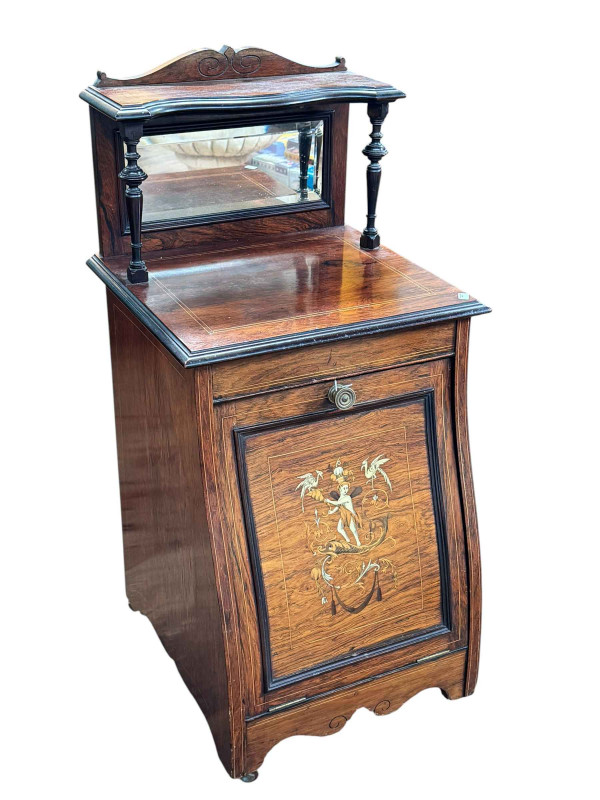 Victorian inlaid rosewood purdonium, 41cm wide, 85cm high.