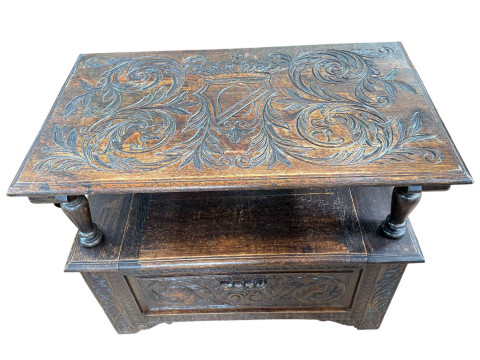 Carved oak monks bench, 92cm wide. thumbnail