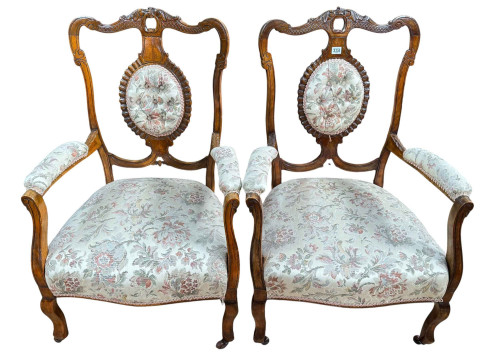 Pair Victorian walnut framed armchairs.