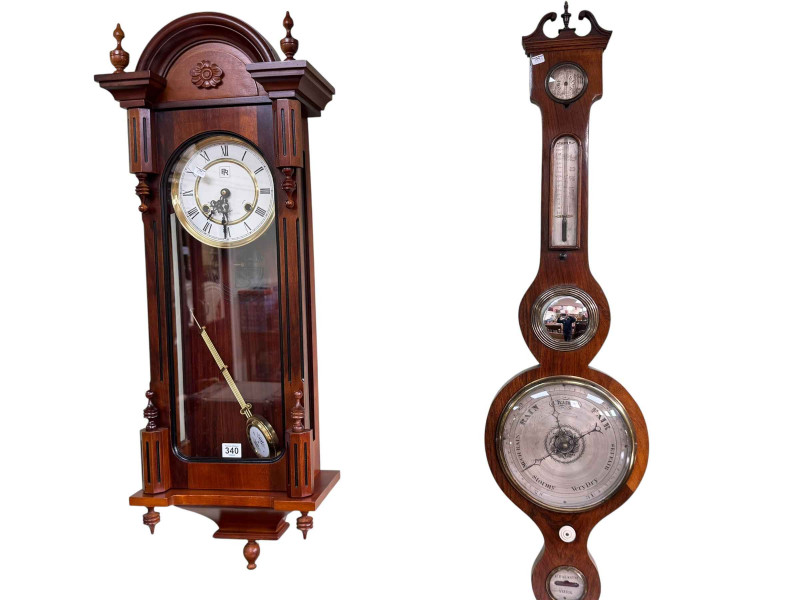 Victorian rosewood banjo barometer and thermometer by P Balarini, York, and replica Vienna wall clock (2).