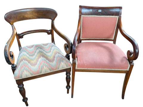 Two Victorian mahogany elbow chairs and tripod occasional table (3).