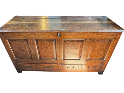 18th Century oak coffer with raised panel front above two drawers, 142cm...