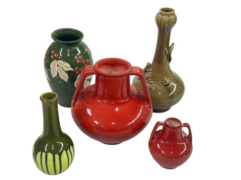 Five art pottery vases including Burmantofts, Bretby and Barum.